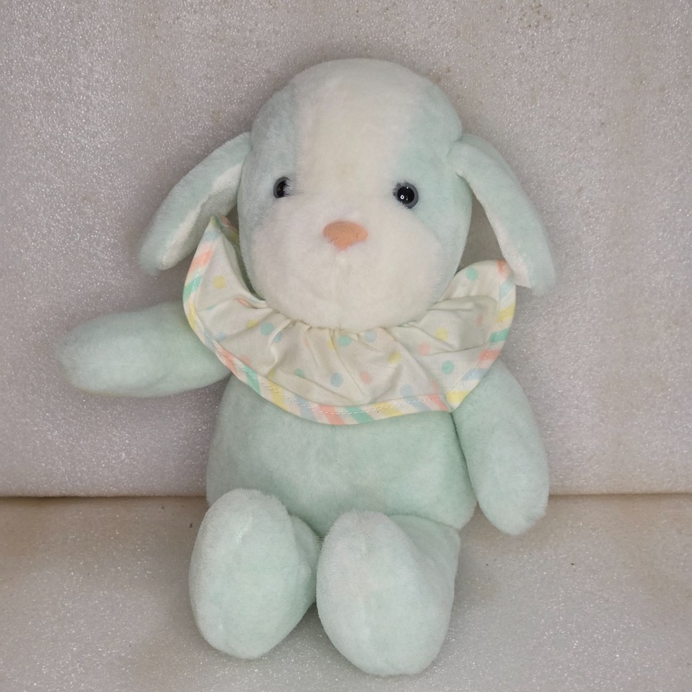 Bantam Vintage Mint Green White Puppy Dog Windup Musical Lullaby Clown Bib Plush